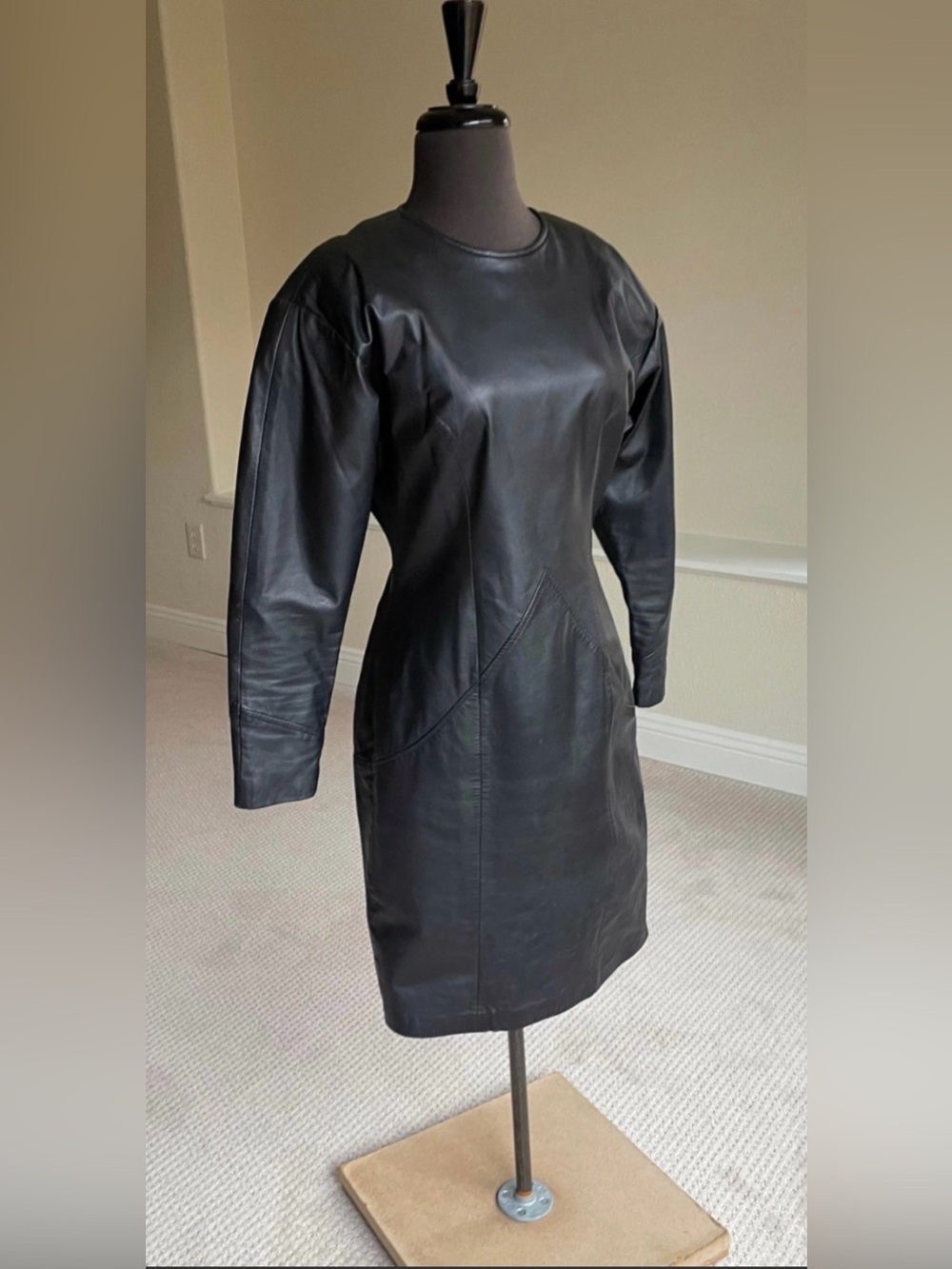 VTG 80s Ambria Black Genuine 100% Leather Sheath Dress, Dolman Sleeve, Size 4
